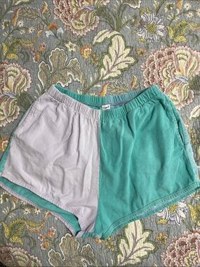 Clare V Two‑Tone Mint Green & Lavender Athletic Shorts